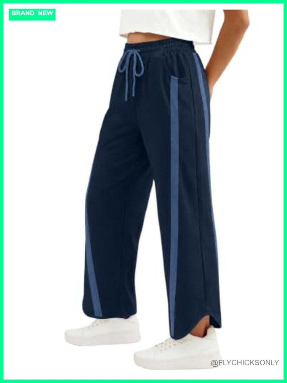 Wide Leg Sweatpants Elastic Waist Cropped 7/8 Contrast Color Pockets